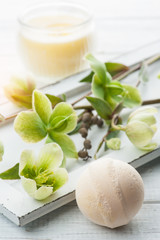 Bath bomb on white wooden background