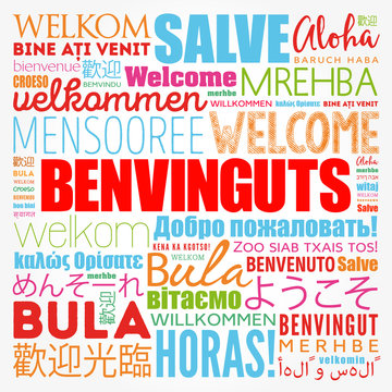 Benvinguts (Welcome in Catalan) word cloud in different languages, conceptual background