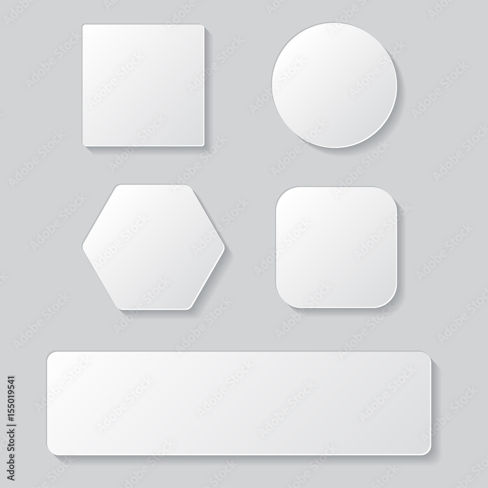 Poster Set of white blank button. Round square rounded buttons