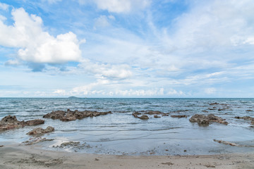 Fototapeta na wymiar Ocean tropical beach with waves, sand and blue sky in summer.