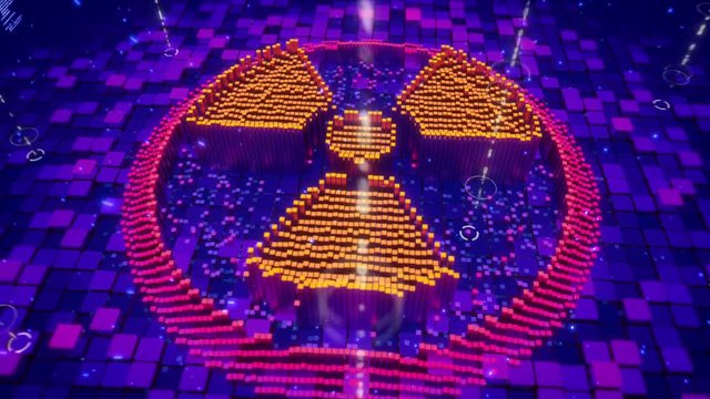 Abstract animation of pixels forming an icon of nuclear hazard sign