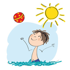 Happy boy playing with ball in the water - original hand drawn illustration