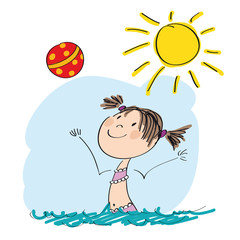 Happy girl playing with ball in the water - original hand drawn illustration