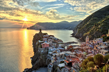 Fototapeta na wymiar Vernazza Village at Sunset, Cinque Terre, Italy