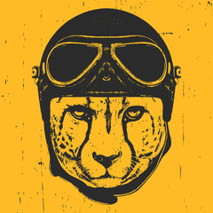 Portrait of Cheetah with Vintage Helmet. Vector