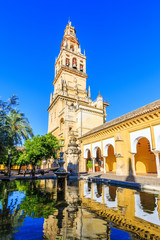 Fototapeta na wymiar Cordoba, Spain. Bell tower at the Mezquita Mosque-Cathedral from Court of Oranges.