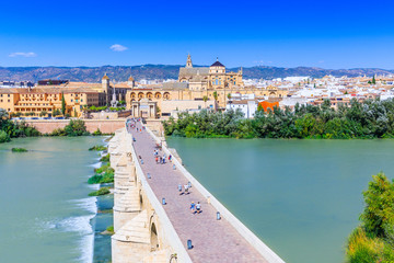 Fototapeta na wymiar Cordoba, Spain. The Roman Bridge and Mosque (Cathedral) on the Guadalquivir River.