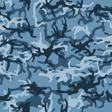 Military or hunting camouflage background. Seamless pattern. Blue color. Vector illustration. 