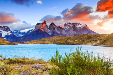 Torres Del Paine National Park, Chile. Sunrise at the Laguna Pehoe.