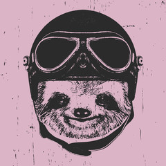 Portrait of Sloth with Vintage Helmet. Vector