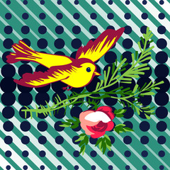 Fototapeta premium Hand drawn bird flying with flower roses tropical vintage print, halftone dots pattern retro background vector illustration for design, fashion, shirt, textile, greeting card, invitation, wedding