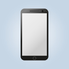 Vector illustration in the form of black mobile phone model. Realistic smartphone on blue background