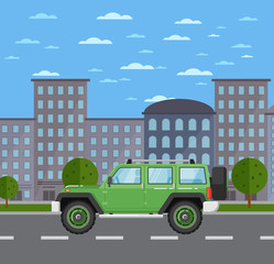 Modern off road car in urban landscape. SUV car, 4x4 auto vehicle, automobile service, people transportation. City street road traffic vector illustration, cityscape background with skyscrapers.