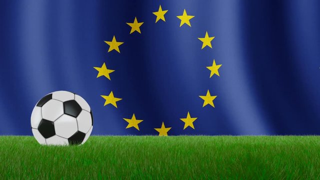 Ball on the grass on the background of the EU flag. 3d rendering.