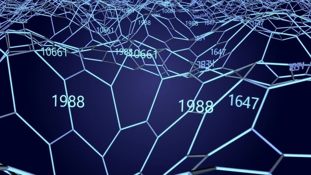 Blue network of hexagons and changing numbers. 3d render.