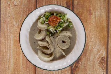 Laksam, special noodle with coconut gravy and fish. Asian traditional cuisine.