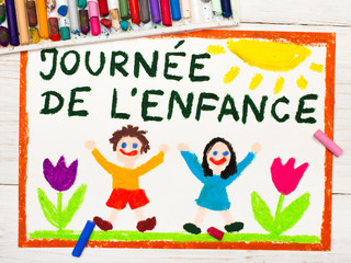 Obraz na płótnie Canvas Colorful drawing: Children's day card with French words Children's day