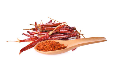 Dry chilli pepper powder on white background