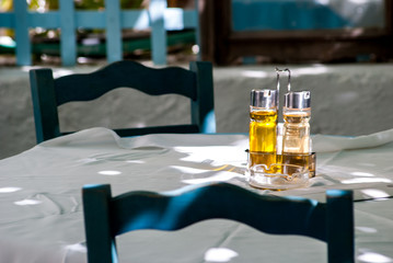 Olive oil and vinegar on a restaurant table
