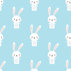 Cute Rabbit character Seamless pattern on sky blue background. Vector illustration.