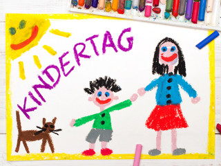 Obraz na płótnie Canvas Colorful drawing: Children's day card with German words Children's day