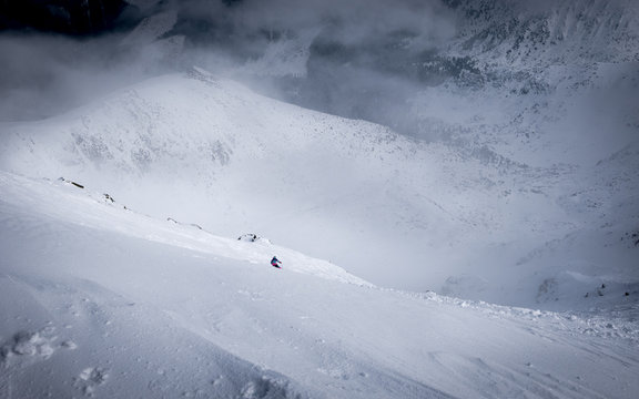 Alone skier  ride at freeride zone on Chopok Jasna in Slovakia.
