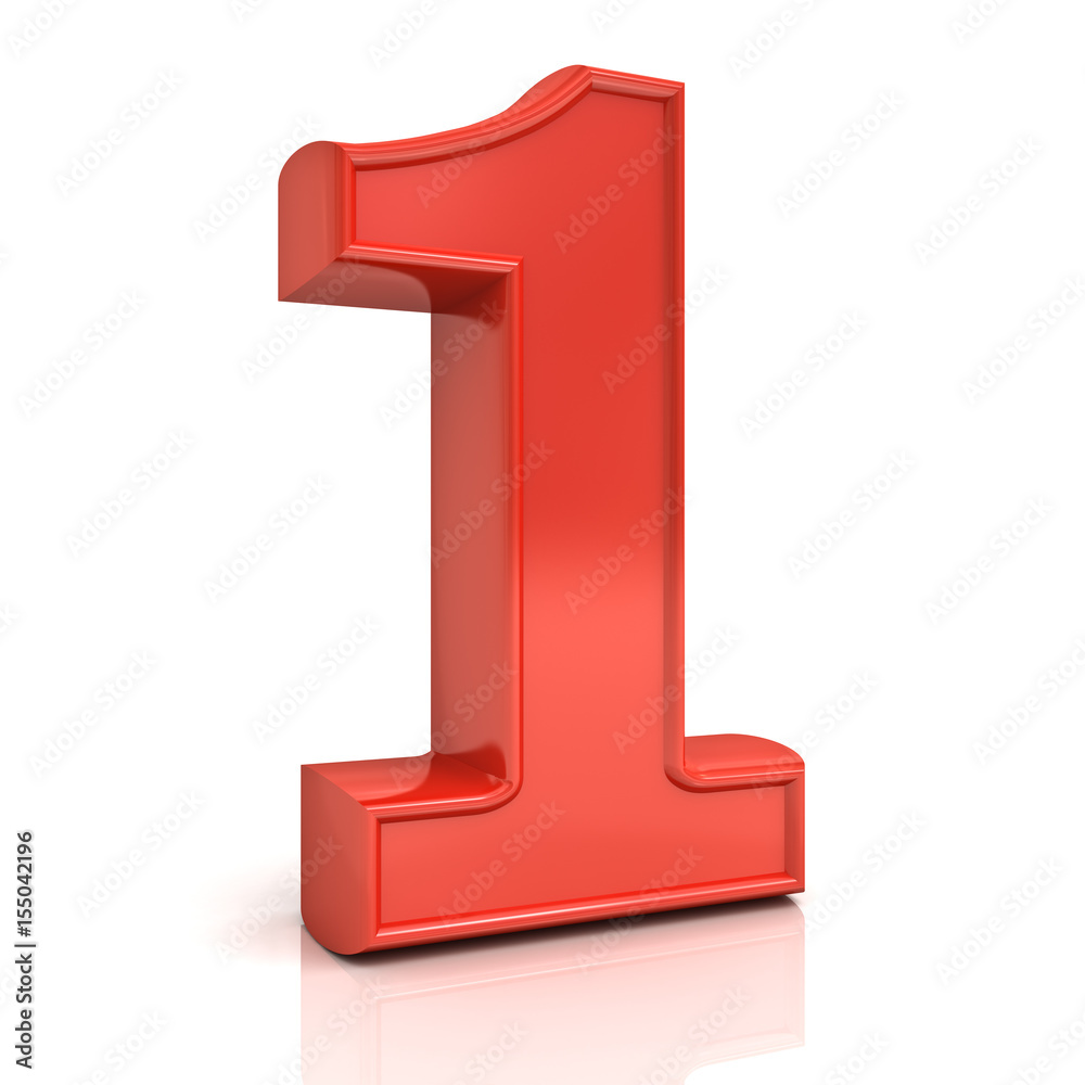 Aufkleber 3D red number one , 1 isolated over white background with reflection and shadow. 3D rendering.