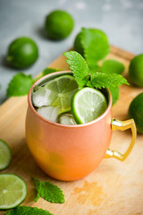 Cold Moscow Mule cocktail in copper mug on the rustic background. Shallow depth of field.