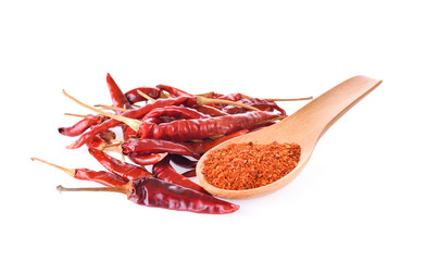 Dry chilli pepper powder on white background