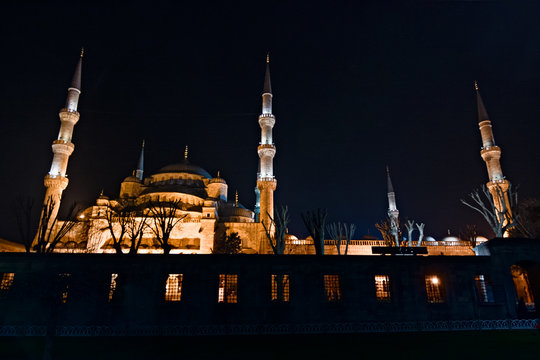 The Blue Mosque, outside at night with minaret