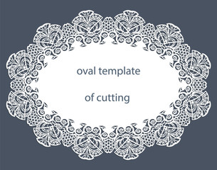 Greeting  card with decorative  oval border, doily of paper under the cake, template for cutting, wedding invitation, decorative plate is laser cut, vector illustrations.