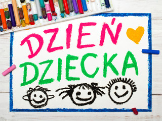 Colorful drawing:Children's day card with Polish words Children's day