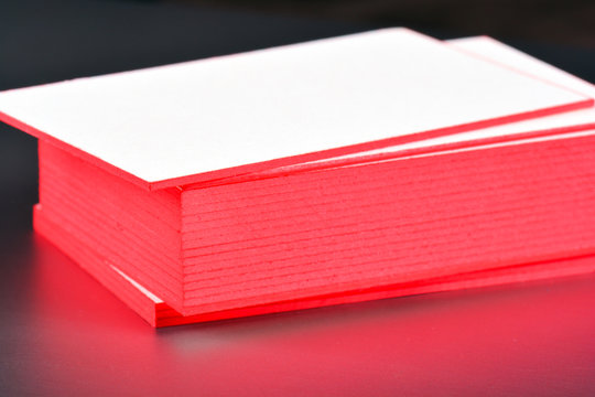 Thick White Cotton Paper Business Card Mock Up With Red Painted Edges. Blank Business Cards Template.