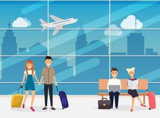 People sitting and walking in airport terminal. Airport. Travel and tourism. Flat design modern vector illustration concept.