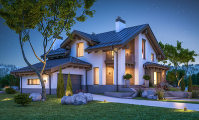 3d rendering of modern cozy house in chalet style