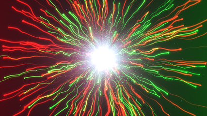 A large explosion of multi-colored particles under a microscope