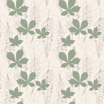 Vector floral pattern with fireweed flowers and chestnut tree leaves. Simple hand drawn flowers and leaves outlines in khaki green  on beige background with worn out texture.