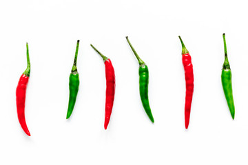 cooking sauce with green and red chili pepper on white kitchen table background top view mock up