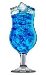 fresh fruit alcohol cocktail or mocktail in classic glass with blue beverage and ice cubes isolated on white background
