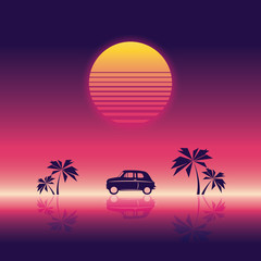 Beach party poster vector illustration template with sunset and palm trees and small car. 80s neon vintage retro style.