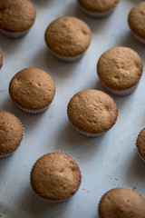 Freshly baked delicious homemade cupcakes on an old baking tray closeup