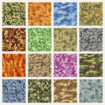 Military and marine uniform camouflage patterns. Vector army combat camo seamless fabric pattern set
