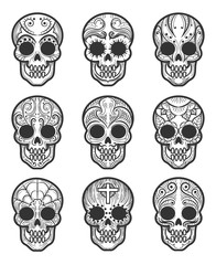Calavera or sugar skull tattoo set for mexican day of the dead vector art isolated on white background