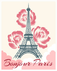 Bonjour or hello Paris retro poster. French spring and summer vector illustration with eiffel tower and flowers for girls fashion design © vectortatu