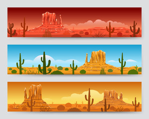 Wild nature tranquil desert mexican landscape banners with sunrise or sunset, cactus and mountain silhouettes. Vector illustration