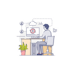 Young man sits and works on bitcoins