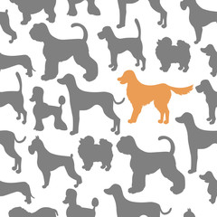 Unusual seamless pattern with dog silhouettes.  Set of  different breeds.