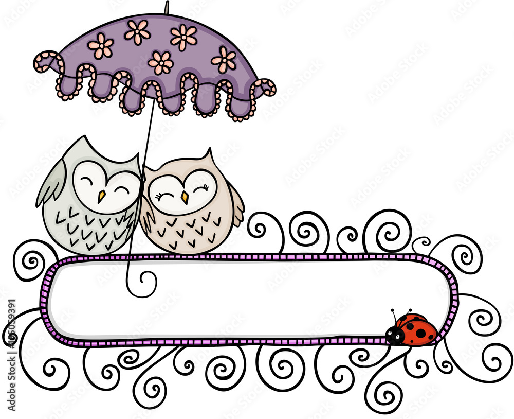 Wall mural blank banner with cute couple owls under umbrella