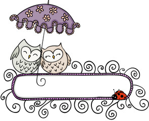 Blank banner with cute couple owls under umbrella

