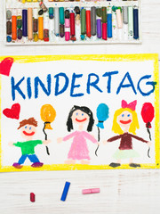 Colorful drawing: Children's day card with German words Children's day